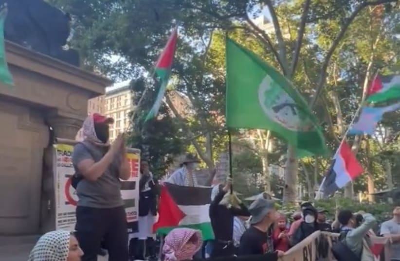  Hamas Al-Qassam Brigades Flag at a June 28 NYC protest. (photo credit: Screenshot/ Within Our Lifetime video/ X)