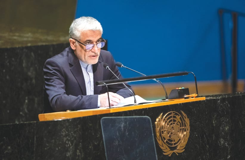  IRAN’S AMBASSADOR to the United Nations Amir Saeid Iravani addresses the General Assembly during a ceremonial tribute to Iran’s president Ebrahim Raisi, after the president was killed in a helicopter crash, in May. (photo credit: EDUARDO MUNOZ / REUTERS)