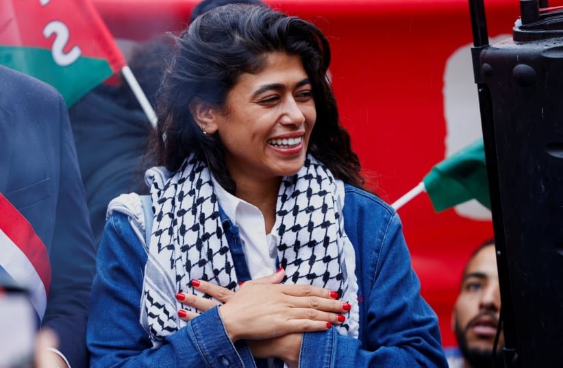  Rima Hassan, the then candidate for the European elections on the list of La France Insoumise (LFI), attends a pro-Palestinian protest in central Paris, France, May 29, 2024.  (photo credit: REUTERS/Abdul Saboor)