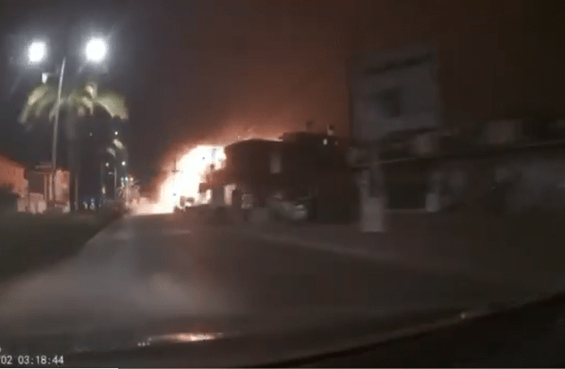  Footage of a rocket strike on Tira, November 2, 2024. (photo credit: SCREENSHOT/X)