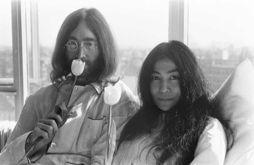  JOHN AND Yoko on their honeymoon at the Hilton Amsterdam, March 1969 (photo credit: Wikimedia Commons)