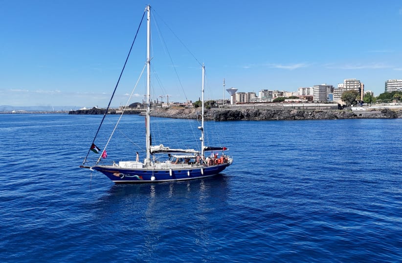 A drone view shows the Gaza-bound aid ship Madleen, organized by the international NGO Freedom Flotilla Coalition, anchored off the coast of Catania, Italy, on June 1, 2025. (photo credit: REUTERS/DANILO ARNONE)