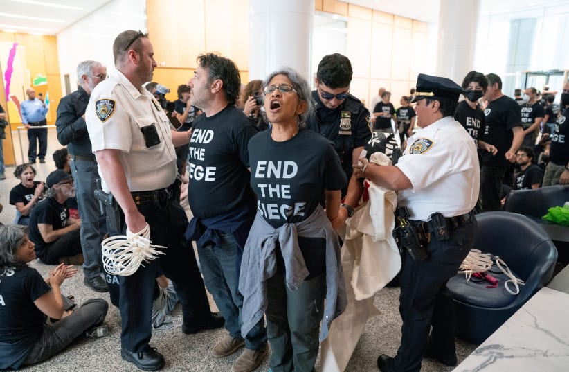  Protesters are arrested in the lobby of Maersk’s office building in Midtown Manhattan on Wednesday, June 11, 2025. (photo credit: Barry Williams/New York Daily News/TNS)