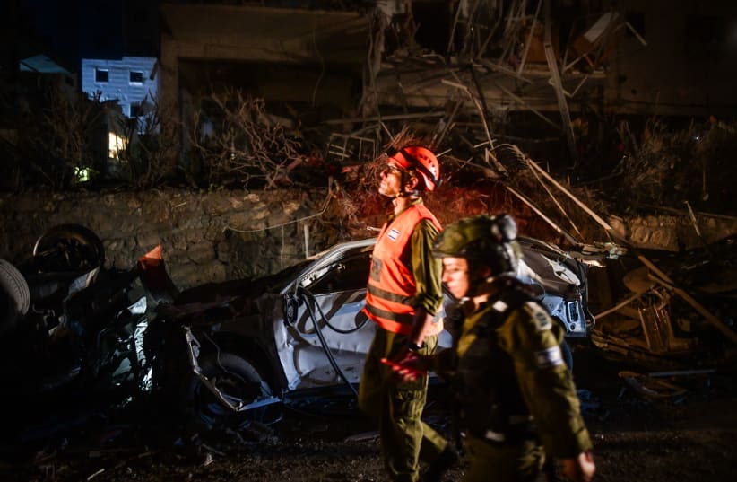  The scene of a hit from a ballistic missile attack on Israeli fired from Iran, in Ramat Gan, June 13, 2025. (photo credit: AVSHALOM SASSONI/FLASH90)