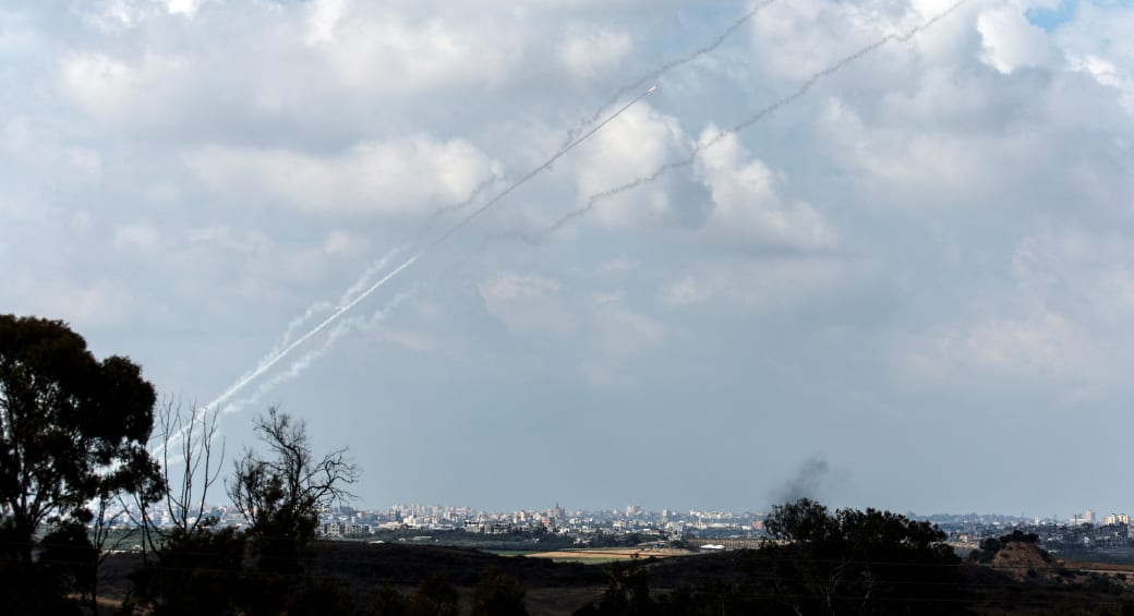  Rockets are launched from the Gaza Strip into Israel, as seen from Israel's border, in southern Israel October 16, 2023. (photo credit: AMIR COHEN/REUTERS)