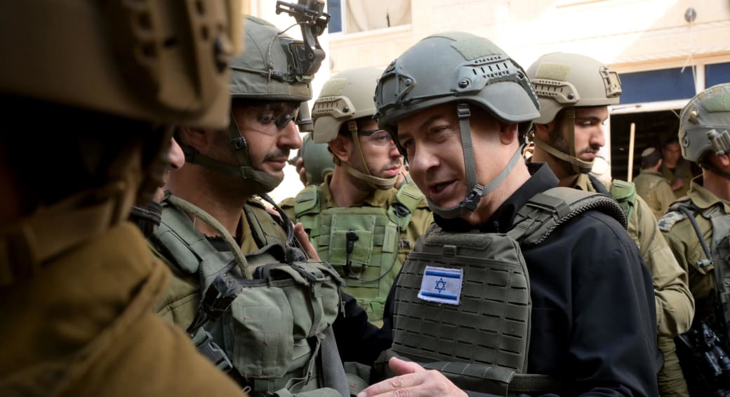  Prime Minister Benjamin Netanyahu visits IDF soldiers in northern Gaza, December 25, 2023 (photo credit: GPO/AVI OHAYON)