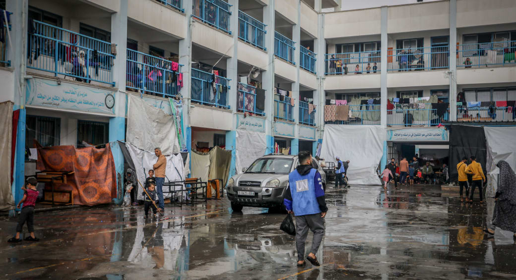  Palestinian at an UNRWA camp in Rafah after heavy rainfall, in the southern Gaza Strip, on November 14, 2023. (photo credit: ABED RAHIM KHATIB/FLASH90)