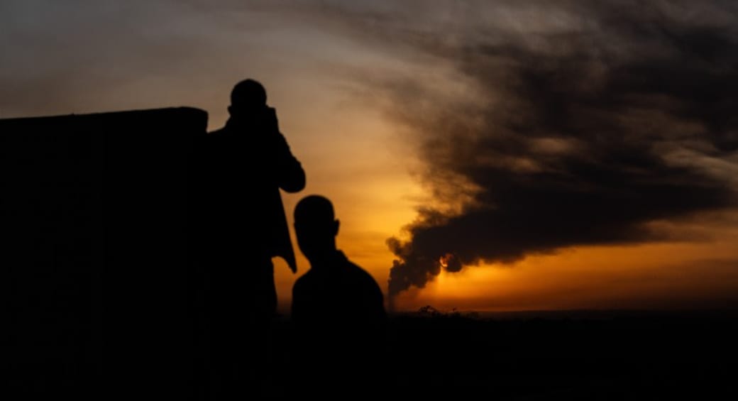  Smoke rises after Israeli airstrike and during the sunset in the Gaza, January 21, 2024 (photo credit: Chaim Goldberg/Flash90)