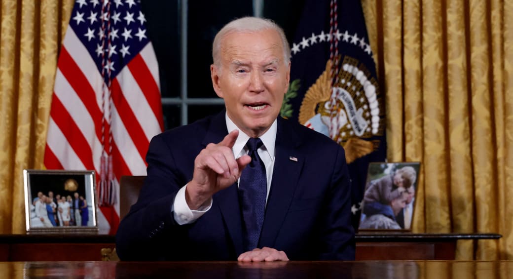  US President Joe Biden delivers a prime-time address to the nation about his approaches to the conflict between Israel and Hamas, Oval Office of the White House in Washington, US, October 19, 2023. (photo credit: REUTERS/JONATHAN ERNST)