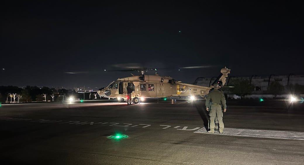  The IDF helicopter that brought freed hostages Fernando Simon Marman (60) and Luis Har (70). February 12, 2024. (photo credit: IDF SPOKESPERSON'S UNIT)