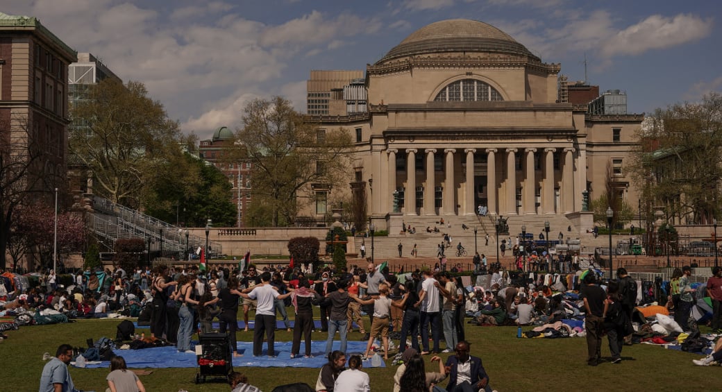  Students hold a protest in support of Palestinians at Columbia University, during the ongoing conflict between Israel and the Palestinian Islamist group Hamas, in New York, U.S., April 20, 2024. (photo credit: Reuters/Adam Gray)