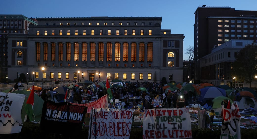  Protests continue at Columbia University in New York during the ongoing conflict between Israel and Hamas, April 22, 2024 (photo credit: REUTERS/CAITLIN OCHS)