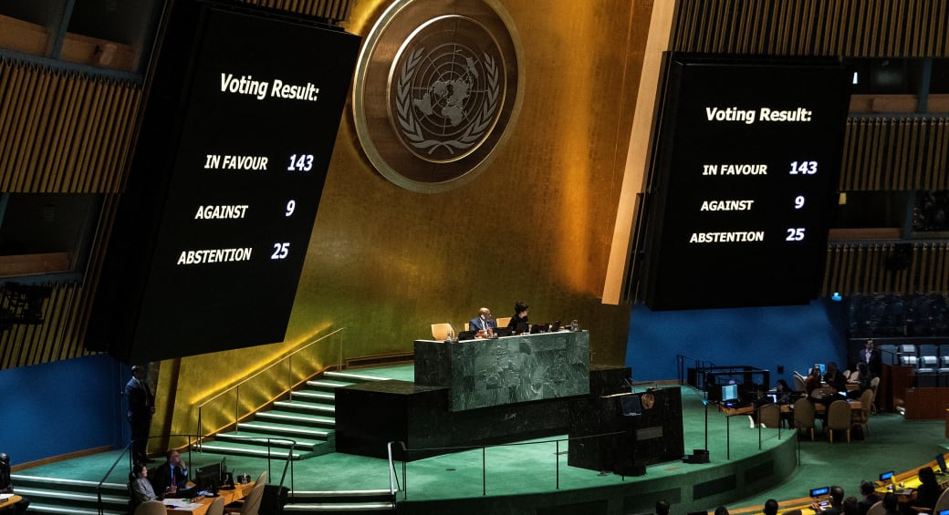  Screens show the voting result during the United Nations General Assembly vote on a draft resolution that would recognize the Palestinians as qualified to become a full U.N. member, in New York City, US May 10, 2024. (photo credit: Eduardo Munoz/Reuters)