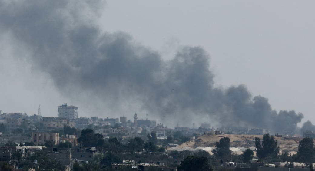  Smoke rises following Israeli strikes during an Israeli military operation in Rafah, as seen from Khan Younis, in the southern Gaza Strip, May 28, 2024. (photo credit: MOHAMMED SALEM/REUTERS)