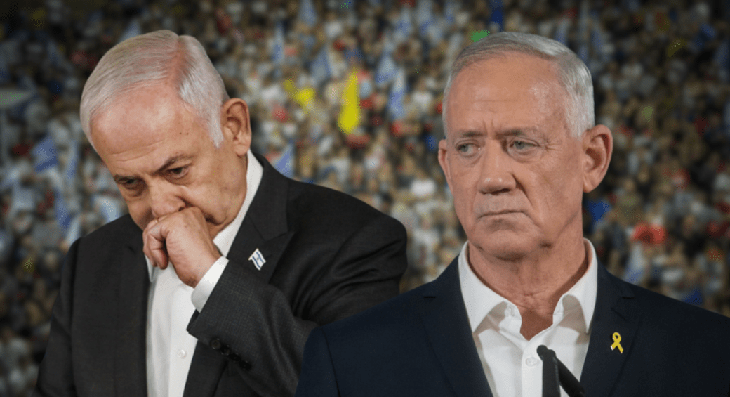  (L-R): Prime Minister Benjamin Netanyahu, War cabinet minister Benny Gantz on June 8, 2024 (photo credit: FLASH90, POOL)