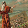 THE PARTING of the Red Sea during the Jewish nation’s escape from Egypt, an illustration from a Bible card published 1907 by the Providence Lithograph Company