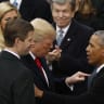 Donald Trump speaks to Barack Obama at Trump's presidential inauguration in Washington, US, January 20, 2017