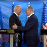US Vice President Joe Biden (L) shakes hands with Israeli Prime Minister Benjamin Netanyahu as they deliver joint statements during their meeting in Jerusalem March 9, 2016