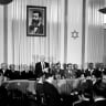  David Ben-Gurion publicly pronouncing the Declaration of the State of Israel, May 14, 1948, beneath a large portrait of Theodor Herzl, founder of modern political Zionism, in the old Tel Aviv Museum of Art building on Rothschild Street. 