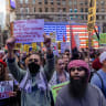  Pro-Palestinian demonstrators protest in Times Square on the second day of the ongoing conflict between Israel and the Palestinian militant group Hamas, in Manhattan in New York City, U.S., October 8, 2023