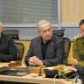 Prime Minister Benjamin Netanyahu, flanked by Defense Minister Yoav Gallant (left) and IDF Chief of Staff Lt.-Gen. Herzi Halevi, holds a security assessment in Tel Aviv.