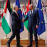  Palestinian Prime Minister Mohammad Mustafa is welcomed by European Council President Charles Michel in Brussels, Belgium May 26, 2024.