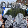  Protesters gather at a main entrance in front of Columbia University during convocation, in New York City, US, August 25, 2024