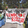  PRO-PALESTINIAN students hold a walkout from classes to protest ‘one year of genocide’ on the people of Gaza, at the University of California, Irvine earlier this month.