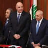  Lebanese Parliament Speaker Nabih Berri and Lebanon's army chief Joseph Aoun stand after Aoun is elected as the country's President at the parliament building in Beirut, Lebanon, January 9, 2025. 