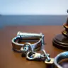  Gavel and handcuffs on a leather surface.