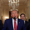  US President Donald Trump delivers an address to the nation accompanied by US Vice President JD Vance, US Secretary of State Marco Rubio and US Defense Secretary Pete Hegseth, at the White House in Washington, D.C., US June 21, 2025, following U.S. strikes on Iran's nuclear facilities.