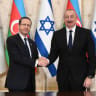 Israeli President Isaac Herzog (L) and Azerbaijani President Ilham Aliyev (R) meet in Baku, Azerbaijan, May 2023.