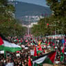 People march during a pro-Palestinian protest in Barcelona, Spain, October 4, 2025