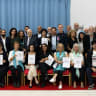 Palestinian Authority head Mahmoud Abbas stands among members of the It’s Time coalition delegation which visited the PA leadership headquarters in Ramallah earlier this month, upon the declaration of an Israel-Hamas ceasefire in Gaza. 