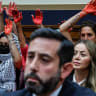 PROTESTERS RAISE red hands behind Rabbi Mark Goldfeder, CEO of the National Jewish Advocacy Center, at a US House subcommittee hearing on antisemitism on college campuses, last year. Antisemitism hasn’t just risen, it has metastasized, says the writer.