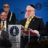 President of the Conference of European Rabbis (CER) Chief Rabbi Pinchas Goldschmidt delivers a speech after he and the Jewish people in Europe received the International Charlemagne Prize (Karlspreis) 2024, in Aachen, Germany, May 9, 2024.