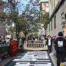 Pro-Palestinian protesters outside  Columbia University’s New York City  campus, Nov. 2023; an on-campus  protest encampment, April 2024. 