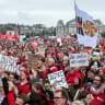 Pro-Palestinian protesters gather at Museumplein ahead of a 6 km march through the city as part of a protest demanding a tougher stance from the Dutch government against Israel's war in Gaza, in Amsterdam, Netherlands, October 5, 2025.