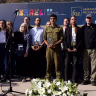 Pastor Mike Evans of the Friends of Zion Heritage Center speaks to more than 1,000 Christian  influencers on a delegation organized by his group and the Israeli Foreign Ministry, Dec. 3, 2025.
