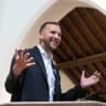 Green Party leader Zack Polanski gives a speech to party supporters at the Church of Saint John the Evangelist on May 2, 2026 in Cardiff, Wales.