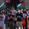 Students and pro-Palestinian protesters gather at Stanford University to protest Israeli attacks on Gaza, April 22, 2024