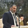 Aliyah and Integration Minister Ofir Sofer speaks during a Memorial Day ceremony commemorating fallen Israeli soldiers and victims of terror at Kiryat Shaul Military Cemetery in Tel Aviv, April 21, 2026.