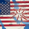 The flag of the United States superimposed on a map of the Middle East, centered on Iran, May 18, 2026.