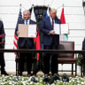 Bahrain's Foreign Minister Abdullatif Al Zayani, Israel's Prime Minister Benjamin Netanyahu, U.S. President Donald Trump and United Arab Emirates (UAE) Foreign Minister Abdullah bin Zayed participate in the signing of the Abraham Accords,  in Washington, US, September 15, 2020. 