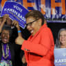 Los Angeles Mayor Karen Bass dances near supporters while attending her election night watch party as she runs for reelection in the Los Angeles mayoral race during the California primary election in Los Angeles, June 2, 2026.