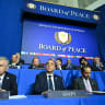 (Front row, L/R) Uzbekistan’s President Shavkat Mirziyoyev, Egypt’s Prime Minister Mostafa Madbouly, and Qatar’s Prime Minister Sheikh Mohammed bin Abdulrahman bin Jassim al-Thani attend the inaugural meeting of the Board of Peace, hosted by US President Donald Trump.