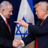  U.S. President Donald Trump points his finger towards Israeli Prime Minister Benjamin Netanyahu as they shake hands during a press conference after meeting at Trump’s Mar-a-Lago club in Palm Beach, Florida, US, December 29, 2025. 