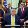 US President Donald Trump delivers remarks to reporters about his administration's support for coal energy, flanked by West Virginia Governor Patrick Morrisey, Secretary of Energy Chris Wright, Interior Secretary Doug Burgum and EPA Administrator Lee Zeldin in Washington, DC, US, June 4, 2026.