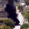 Smoke rises from a vehicle targeted by an Israeli drone attack in the southern Lebanese city of Nabatieh on June 5, 2026.