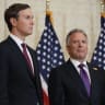 Jared Kushner, left, and Steve Witkoff, Special Envoy for Peace Missions listen as Vice President JD Vance speaks during a news conference after meeting with representatives from Pakistan and Iran, April 12, 2026 in Islamabad, Pakistan.